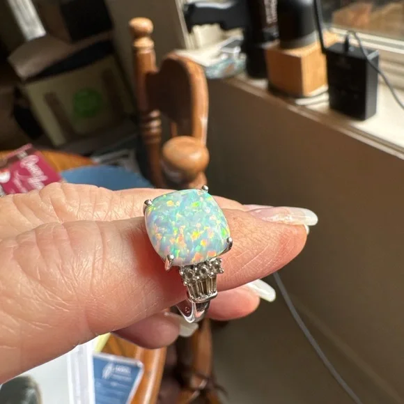 Sterling Silver Lab Opal & White Sapphire Cocktail Ring – Size 6 - Picture 4 of 8